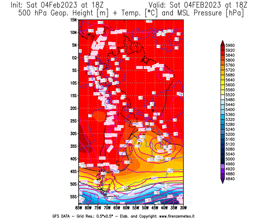 Mappa di analisi GFS - Geopotenziale [m] + Temp. [°C] a 500 hPa + Press. a livello del mare [hPa] in Sud-America
							del 04/02/2023 18 <!--googleoff: index-->UTC<!--googleon: index-->