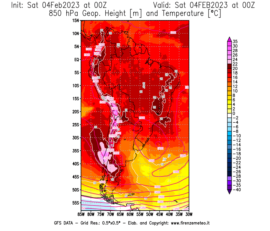 Mappa di analisi GFS - Geopotenziale [m] e Temperatura [°C] a 850 hPa in Sud-America
							del 04/02/2023 00 <!--googleoff: index-->UTC<!--googleon: index-->