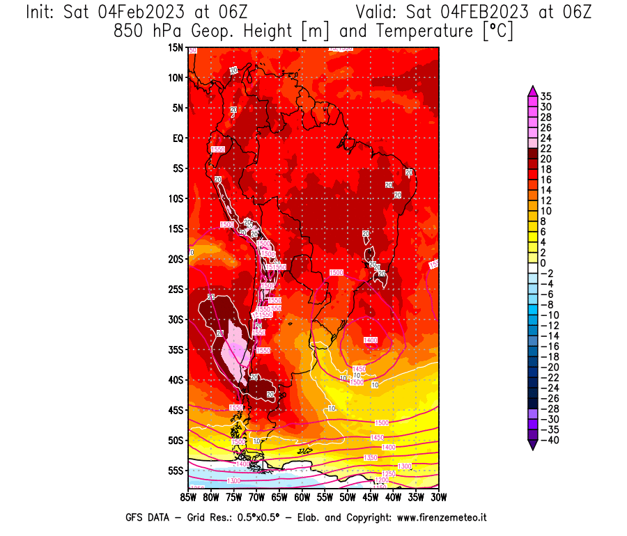 Mappa di analisi GFS - Geopotenziale [m] e Temperatura [°C] a 850 hPa in Sud-America
							del 04/02/2023 06 <!--googleoff: index-->UTC<!--googleon: index-->