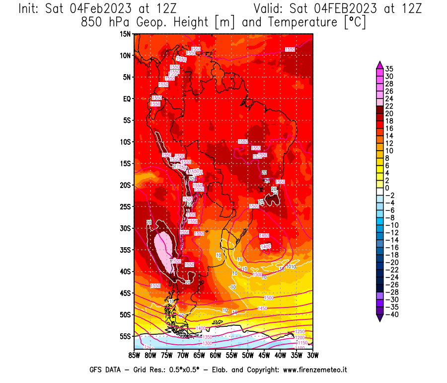 Mappa di analisi GFS - Geopotenziale [m] e Temperatura [°C] a 850 hPa in Sud-America
							del 04/02/2023 12 <!--googleoff: index-->UTC<!--googleon: index-->