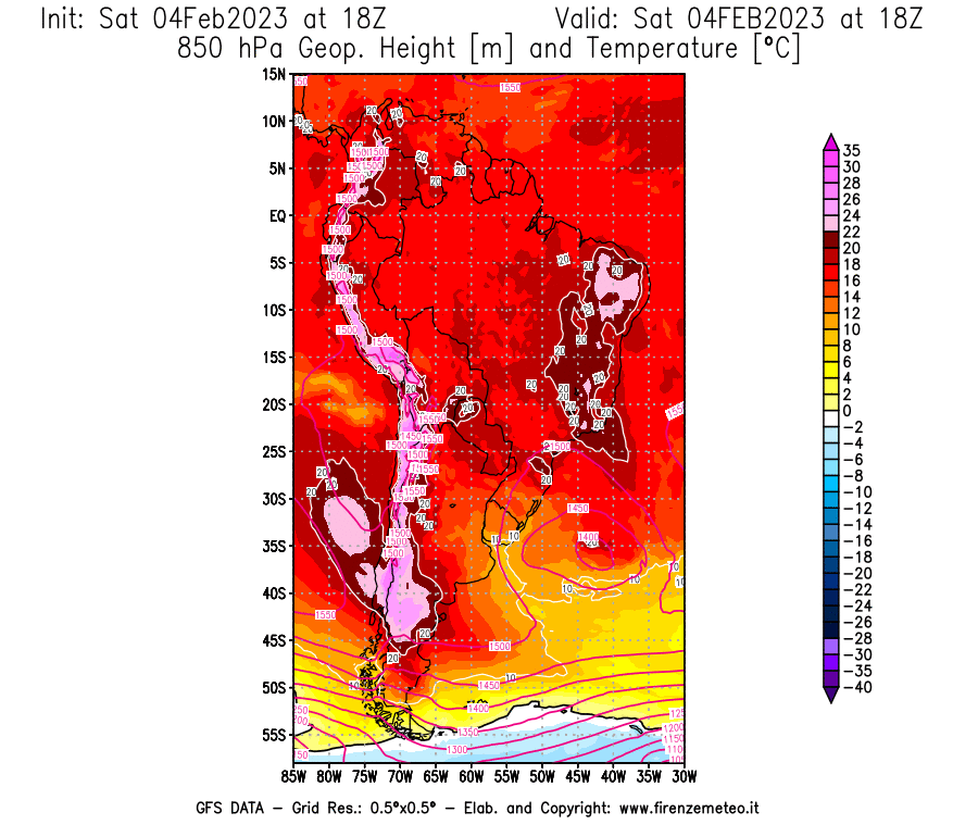Mappa di analisi GFS - Geopotenziale [m] e Temperatura [°C] a 850 hPa in Sud-America
							del 04/02/2023 18 <!--googleoff: index-->UTC<!--googleon: index-->