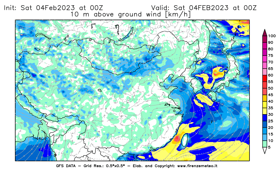 Mappa di analisi GFS - Velocità del vento a 10 metri dal suolo [km/h] in Asia Orientale
							del 04/02/2023 00 <!--googleoff: index-->UTC<!--googleon: index-->