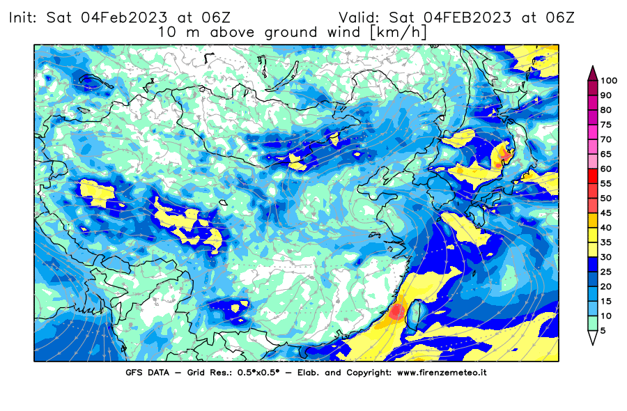 Mappa di analisi GFS - Velocità del vento a 10 metri dal suolo [km/h] in Asia Orientale
							del 04/02/2023 06 <!--googleoff: index-->UTC<!--googleon: index-->