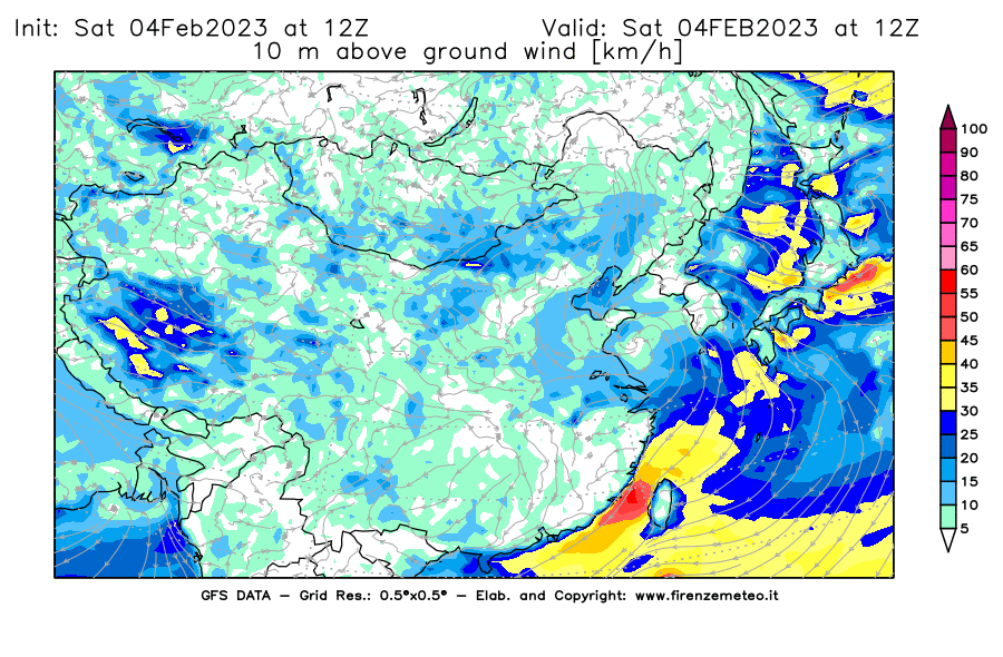 Mappa di analisi GFS - Velocità del vento a 10 metri dal suolo [km/h] in Asia Orientale
							del 04/02/2023 12 <!--googleoff: index-->UTC<!--googleon: index-->