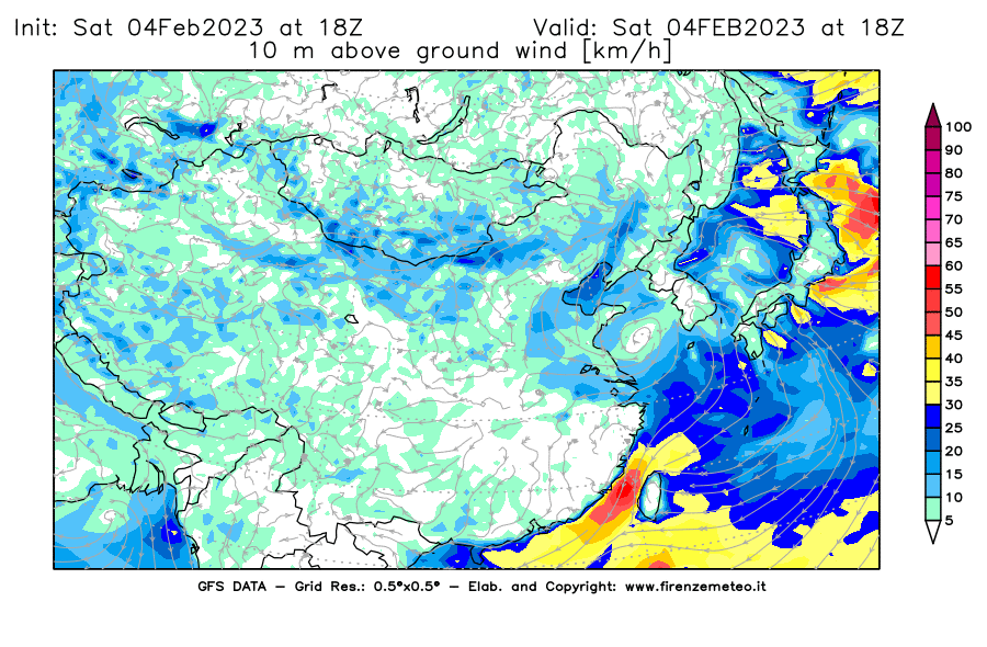 Mappa di analisi GFS - Velocità del vento a 10 metri dal suolo [km/h] in Asia Orientale
							del 04/02/2023 18 <!--googleoff: index-->UTC<!--googleon: index-->