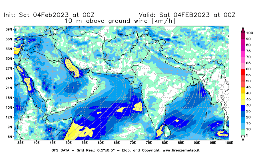 Mappa di analisi GFS - Velocità del vento a 10 metri dal suolo [km/h] in Asia Sud-Occidentale
							del 04/02/2023 00 <!--googleoff: index-->UTC<!--googleon: index-->