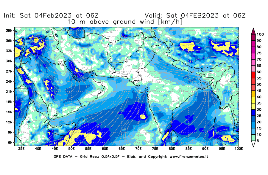Mappa di analisi GFS - Velocità del vento a 10 metri dal suolo [km/h] in Asia Sud-Occidentale
							del 04/02/2023 06 <!--googleoff: index-->UTC<!--googleon: index-->