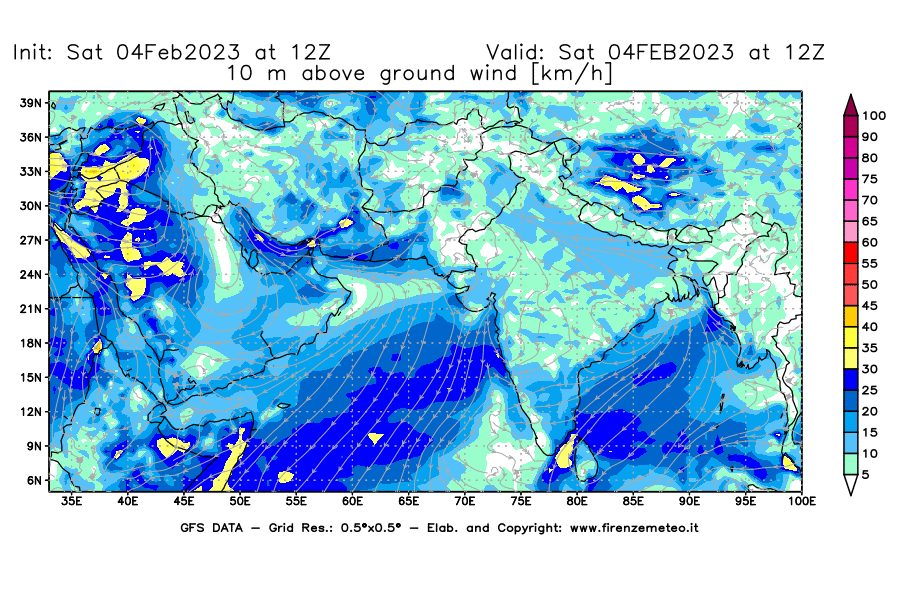 Mappa di analisi GFS - Velocità del vento a 10 metri dal suolo [km/h] in Asia Sud-Occidentale
							del 04/02/2023 12 <!--googleoff: index-->UTC<!--googleon: index-->
