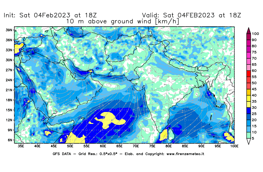 Mappa di analisi GFS - Velocità del vento a 10 metri dal suolo [km/h] in Asia Sud-Occidentale
							del 04/02/2023 18 <!--googleoff: index-->UTC<!--googleon: index-->