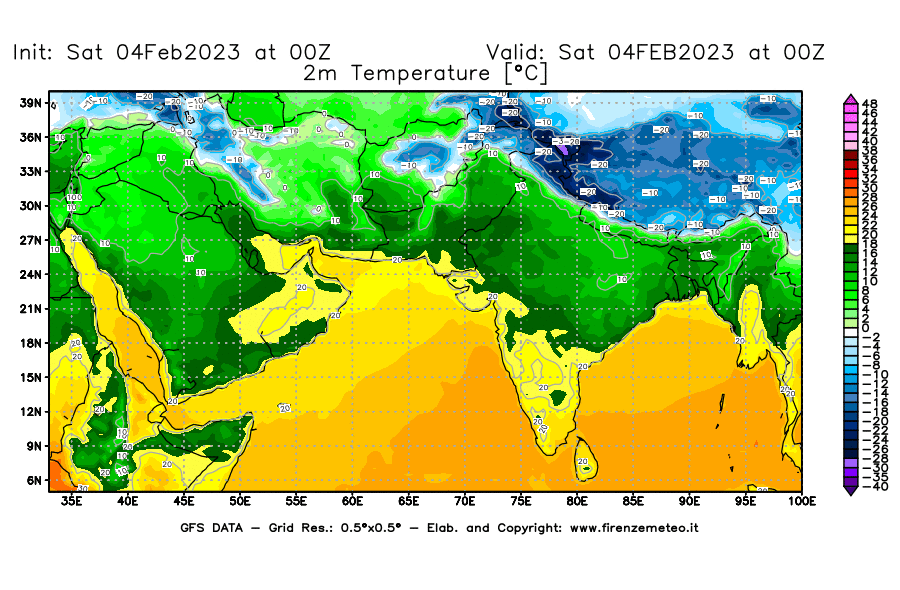 Mappa di analisi GFS - Temperatura a 2 metri dal suolo [°C] in Asia Sud-Occidentale
							del 04/02/2023 00 <!--googleoff: index-->UTC<!--googleon: index-->