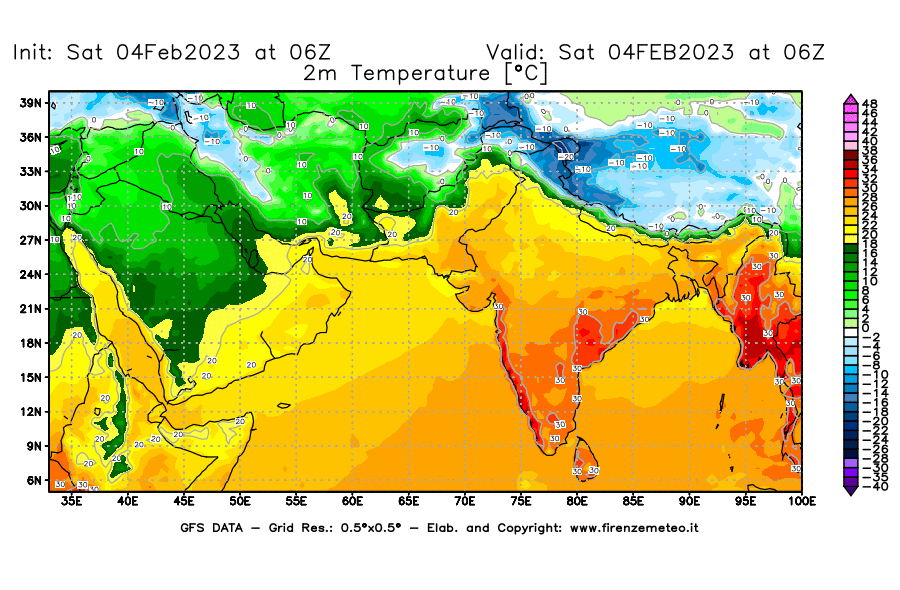 Mappa di analisi GFS - Temperatura a 2 metri dal suolo [°C] in Asia Sud-Occidentale
							del 04/02/2023 06 <!--googleoff: index-->UTC<!--googleon: index-->