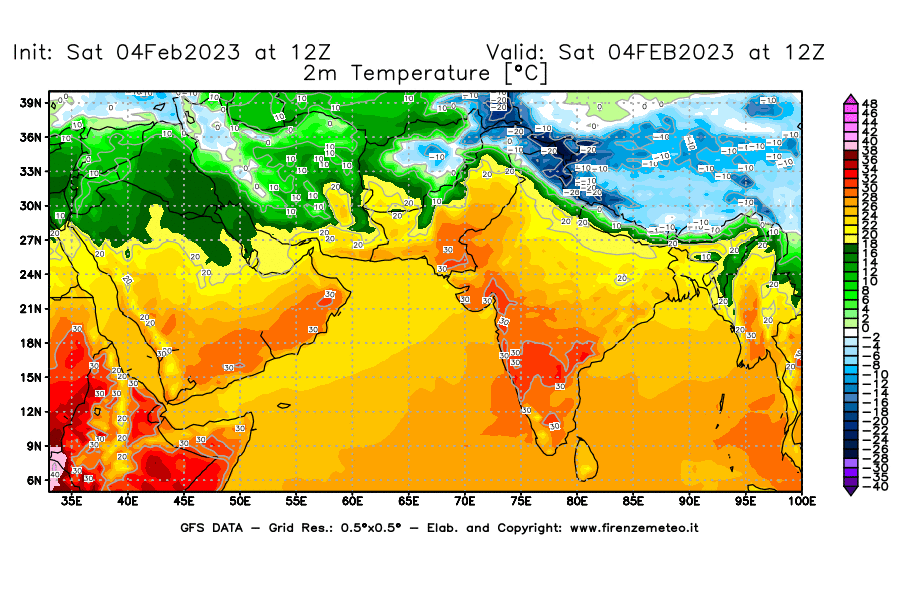 Mappa di analisi GFS - Temperatura a 2 metri dal suolo [°C] in Asia Sud-Occidentale
							del 04/02/2023 12 <!--googleoff: index-->UTC<!--googleon: index-->