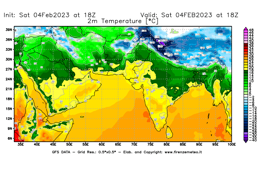 Mappa di analisi GFS - Temperatura a 2 metri dal suolo [°C] in Asia Sud-Occidentale
							del 04/02/2023 18 <!--googleoff: index-->UTC<!--googleon: index-->