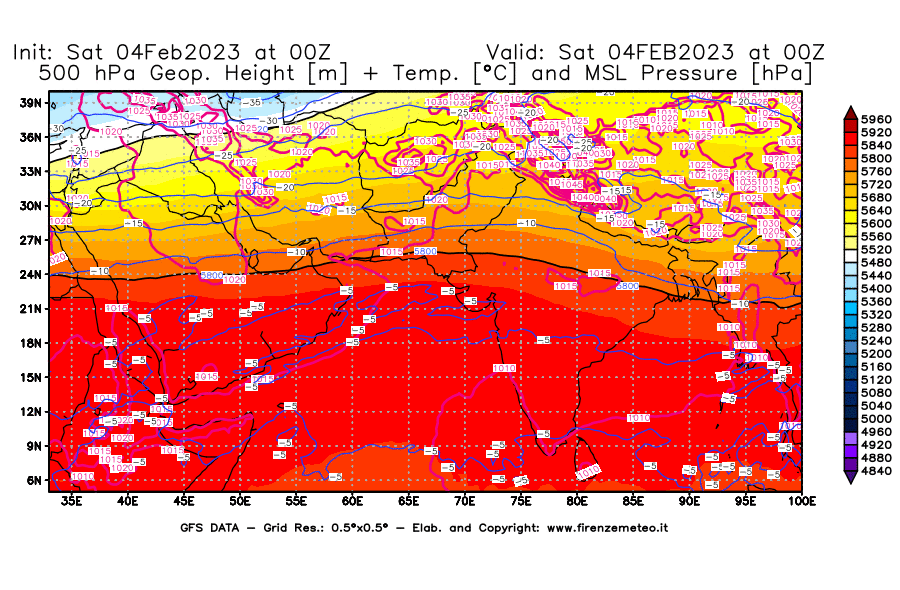 Mappa di analisi GFS - Geopotenziale [m] + Temp. [°C] a 500 hPa + Press. a livello del mare [hPa] in Asia Sud-Occidentale
							del 04/02/2023 00 <!--googleoff: index-->UTC<!--googleon: index-->
