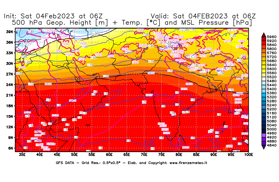 Mappa di analisi GFS - Geopotenziale [m] + Temp. [°C] a 500 hPa + Press. a livello del mare [hPa] in Asia Sud-Occidentale
							del 04/02/2023 06 <!--googleoff: index-->UTC<!--googleon: index-->
