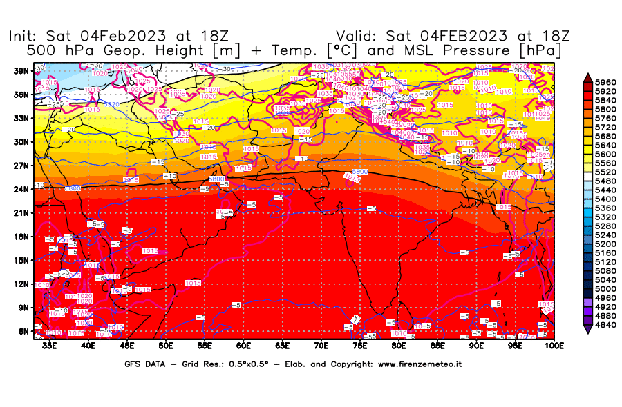 Mappa di analisi GFS - Geopotenziale [m] + Temp. [°C] a 500 hPa + Press. a livello del mare [hPa] in Asia Sud-Occidentale
							del 04/02/2023 18 <!--googleoff: index-->UTC<!--googleon: index-->