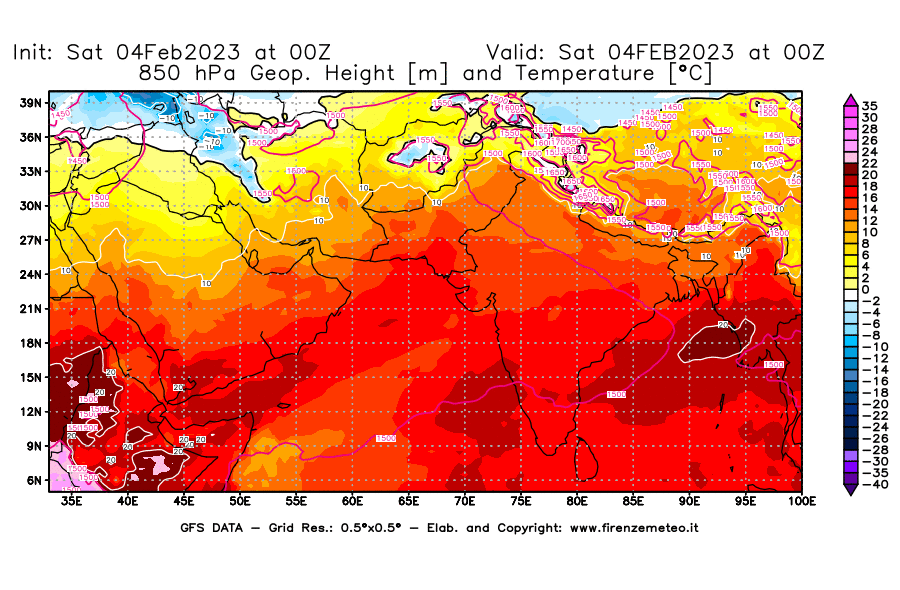 Mappa di analisi GFS - Geopotenziale [m] e Temperatura [°C] a 850 hPa in Asia Sud-Occidentale
							del 04/02/2023 00 <!--googleoff: index-->UTC<!--googleon: index-->