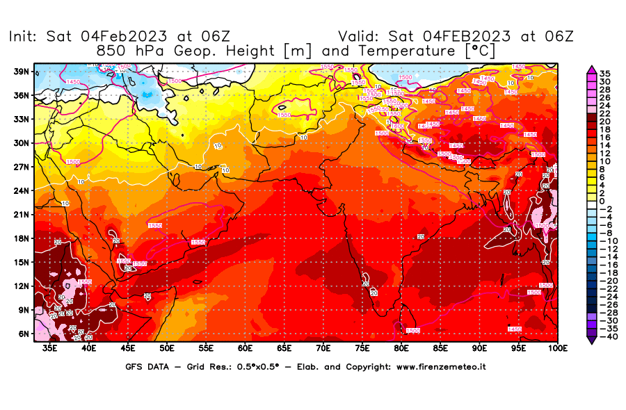 Mappa di analisi GFS - Geopotenziale [m] e Temperatura [°C] a 850 hPa in Asia Sud-Occidentale
							del 04/02/2023 06 <!--googleoff: index-->UTC<!--googleon: index-->
