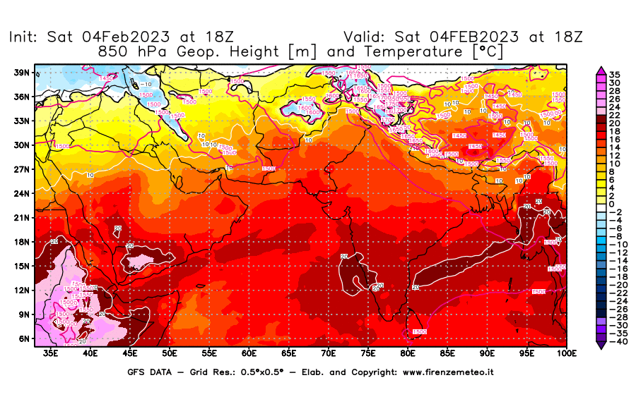 Mappa di analisi GFS - Geopotenziale [m] e Temperatura [°C] a 850 hPa in Asia Sud-Occidentale
							del 04/02/2023 18 <!--googleoff: index-->UTC<!--googleon: index-->