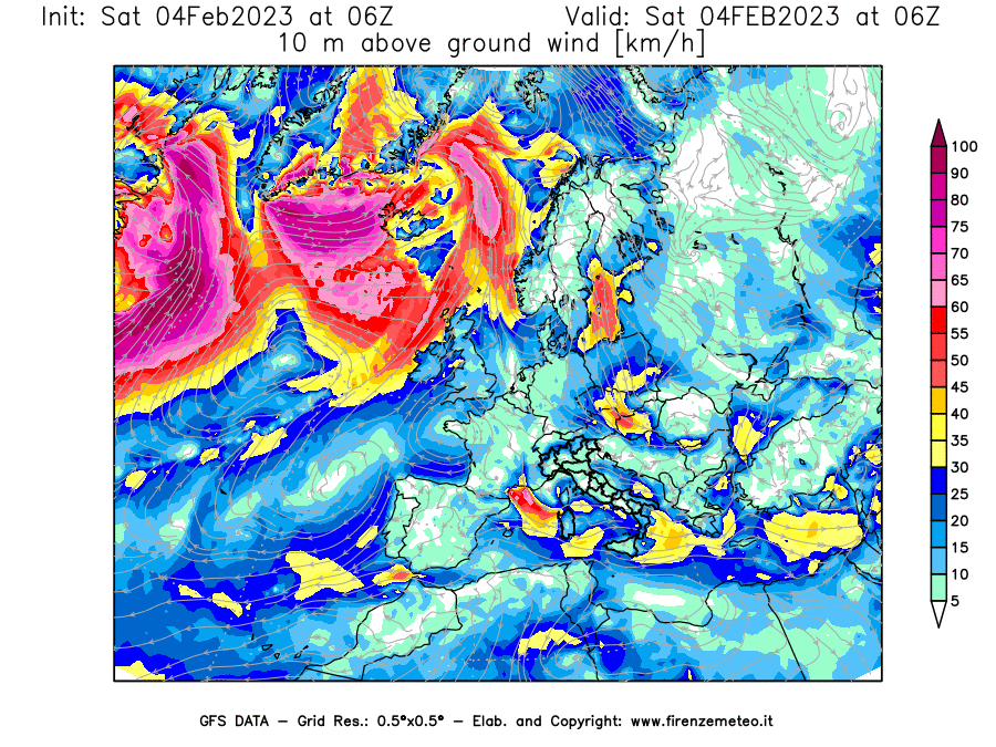 Mappa di analisi GFS - Velocità del vento a 10 metri dal suolo [km/h] in Europa
							del 04/02/2023 06 <!--googleoff: index-->UTC<!--googleon: index-->