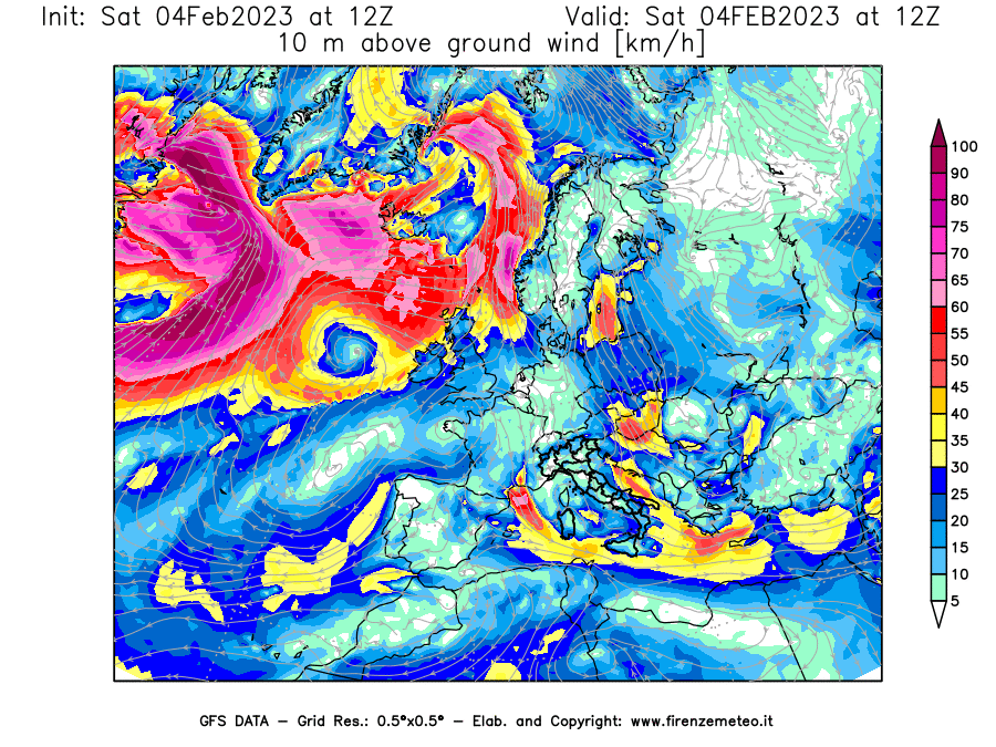 Mappa di analisi GFS - Velocità del vento a 10 metri dal suolo [km/h] in Europa
							del 04/02/2023 12 <!--googleoff: index-->UTC<!--googleon: index-->