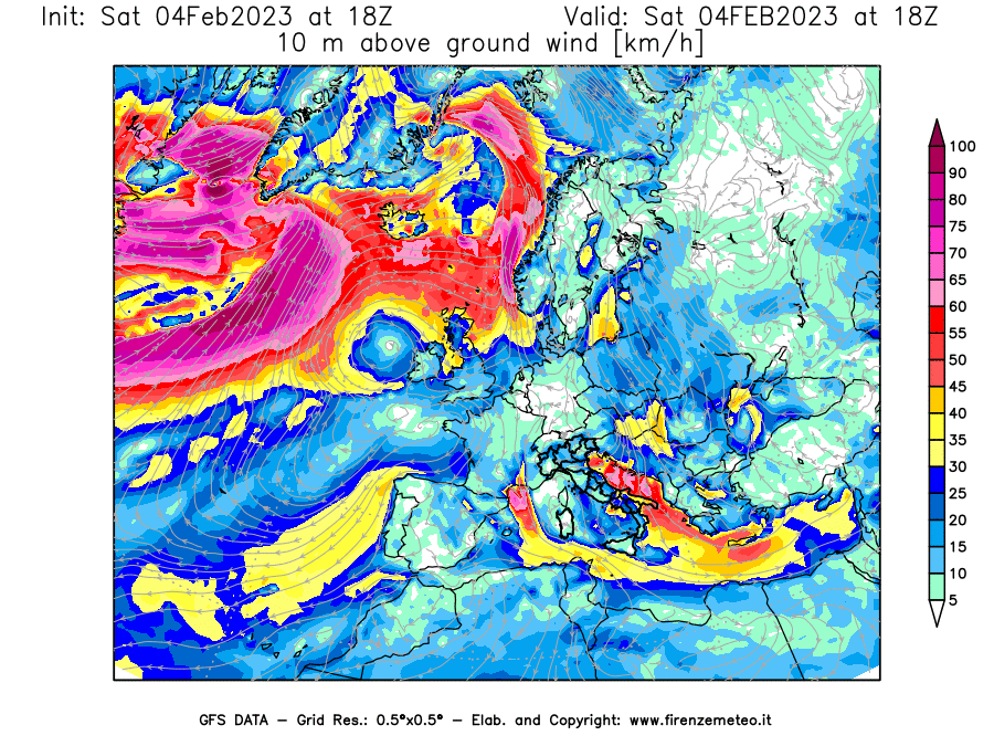 Mappa di analisi GFS - Velocità del vento a 10 metri dal suolo [km/h] in Europa
							del 04/02/2023 18 <!--googleoff: index-->UTC<!--googleon: index-->