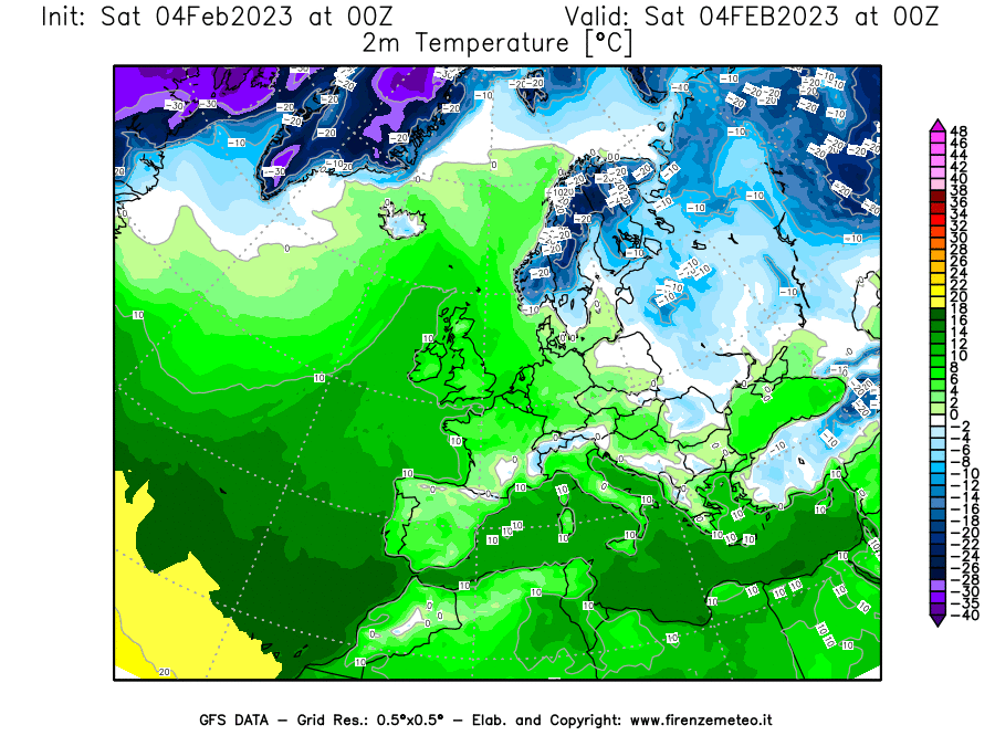 Mappa di analisi GFS - Temperatura a 2 metri dal suolo [°C] in Europa
							del 04/02/2023 00 <!--googleoff: index-->UTC<!--googleon: index-->