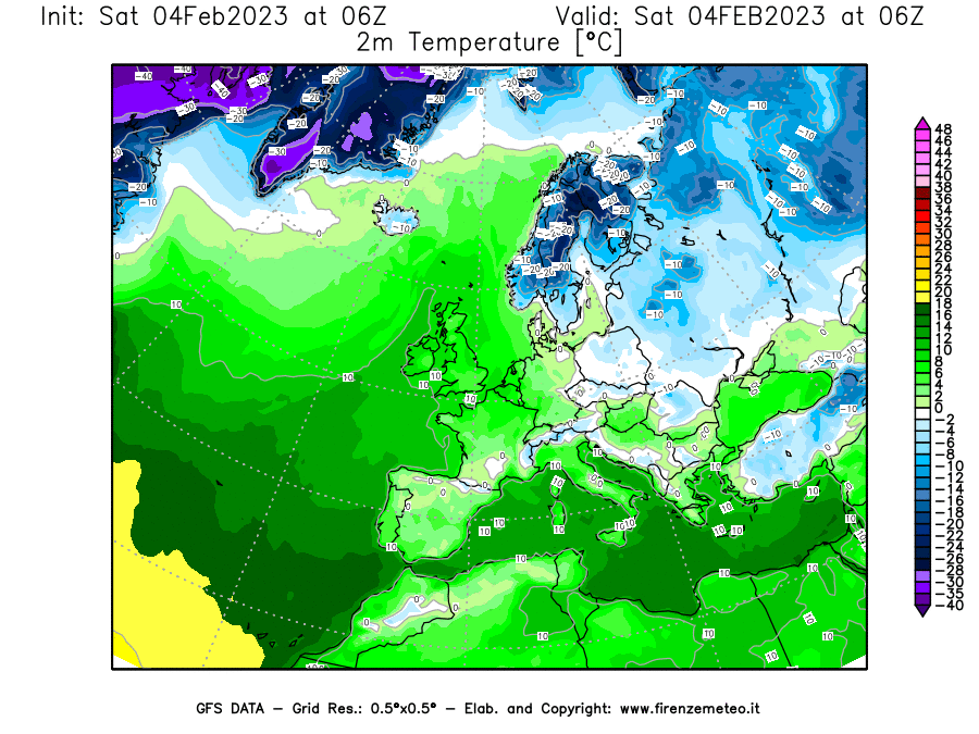 Mappa di analisi GFS - Temperatura a 2 metri dal suolo [°C] in Europa
							del 04/02/2023 06 <!--googleoff: index-->UTC<!--googleon: index-->