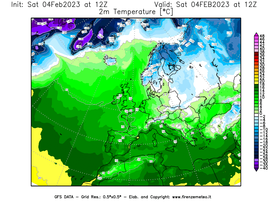 Mappa di analisi GFS - Temperatura a 2 metri dal suolo [°C] in Europa
							del 04/02/2023 12 <!--googleoff: index-->UTC<!--googleon: index-->