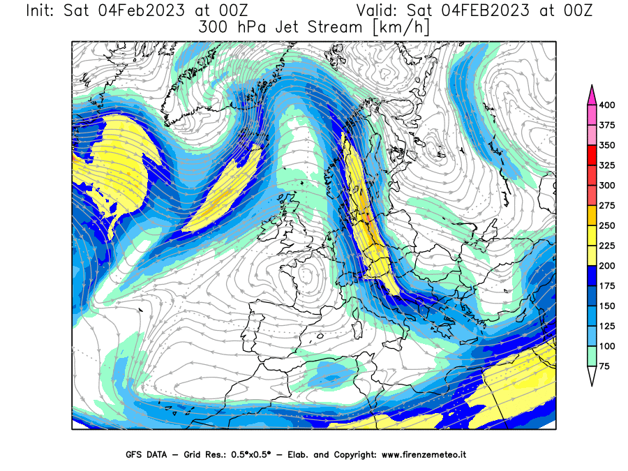 Mappa di analisi GFS - Jet Stream a 300 hPa in Europa
							del 04/02/2023 00 <!--googleoff: index-->UTC<!--googleon: index-->
