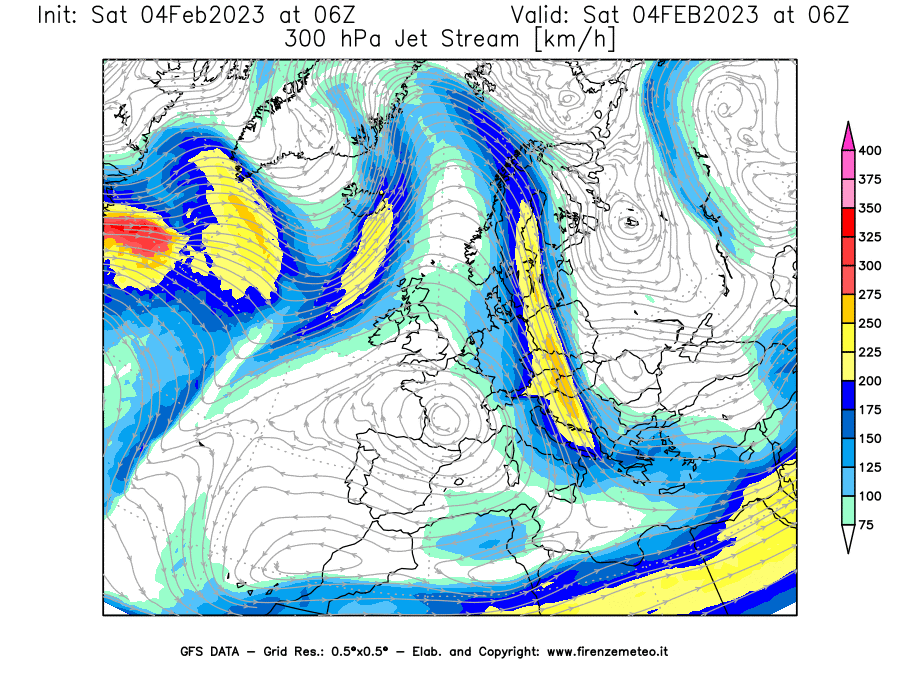 Mappa di analisi GFS - Jet Stream a 300 hPa in Europa
							del 04/02/2023 06 <!--googleoff: index-->UTC<!--googleon: index-->