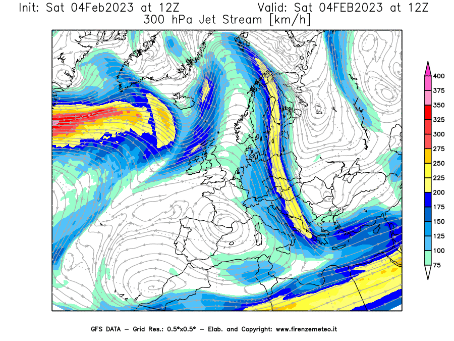 Mappa di analisi GFS - Jet Stream a 300 hPa in Europa
							del 04/02/2023 12 <!--googleoff: index-->UTC<!--googleon: index-->
