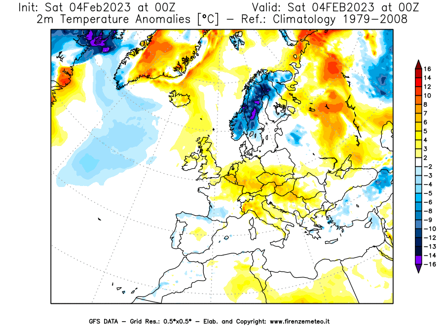 Mappa di analisi GFS - Anomalia Temperatura [°C] a 2 m in Europa
							del 04/02/2023 00 <!--googleoff: index-->UTC<!--googleon: index-->