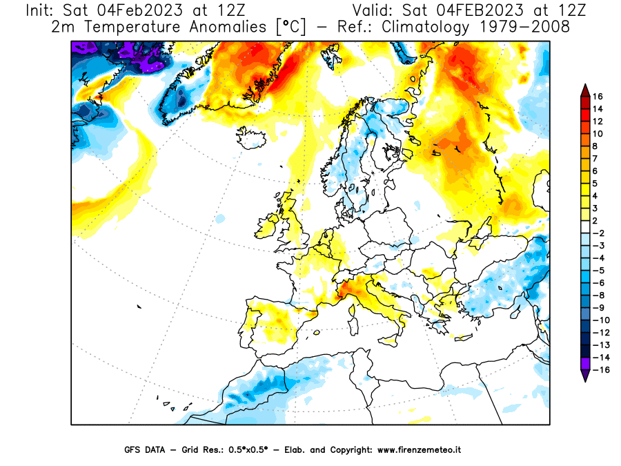 Mappa di analisi GFS - Anomalia Temperatura [°C] a 2 m in Europa
							del 04/02/2023 12 <!--googleoff: index-->UTC<!--googleon: index-->