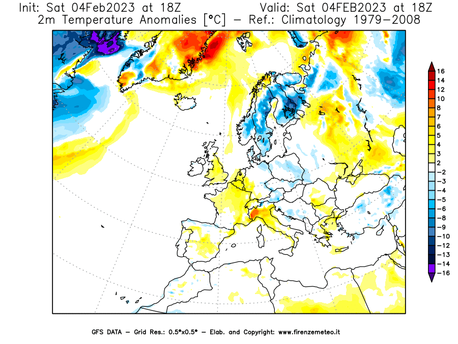 Mappa di analisi GFS - Anomalia Temperatura [°C] a 2 m in Europa
							del 04/02/2023 18 <!--googleoff: index-->UTC<!--googleon: index-->