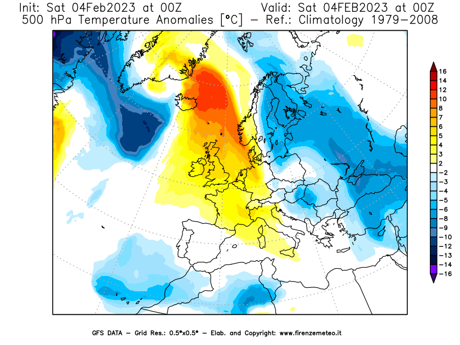 Mappa di analisi GFS - Anomalia Temperatura [°C] a 500 hPa in Europa
							del 04/02/2023 00 <!--googleoff: index-->UTC<!--googleon: index-->