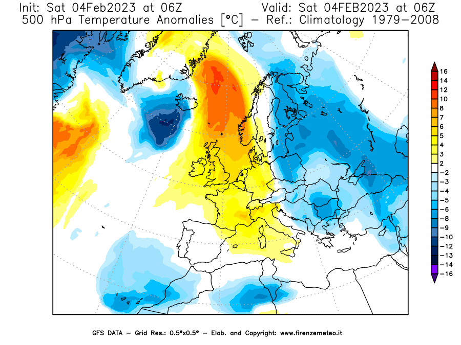 Mappa di analisi GFS - Anomalia Temperatura [°C] a 500 hPa in Europa
							del 04/02/2023 06 <!--googleoff: index-->UTC<!--googleon: index-->