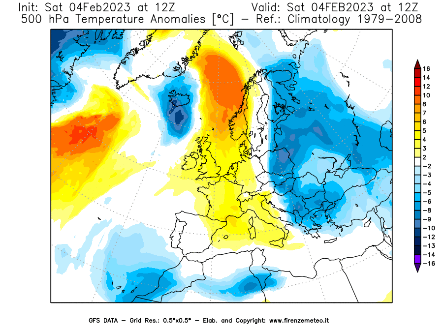 Mappa di analisi GFS - Anomalia Temperatura [°C] a 500 hPa in Europa
							del 04/02/2023 12 <!--googleoff: index-->UTC<!--googleon: index-->