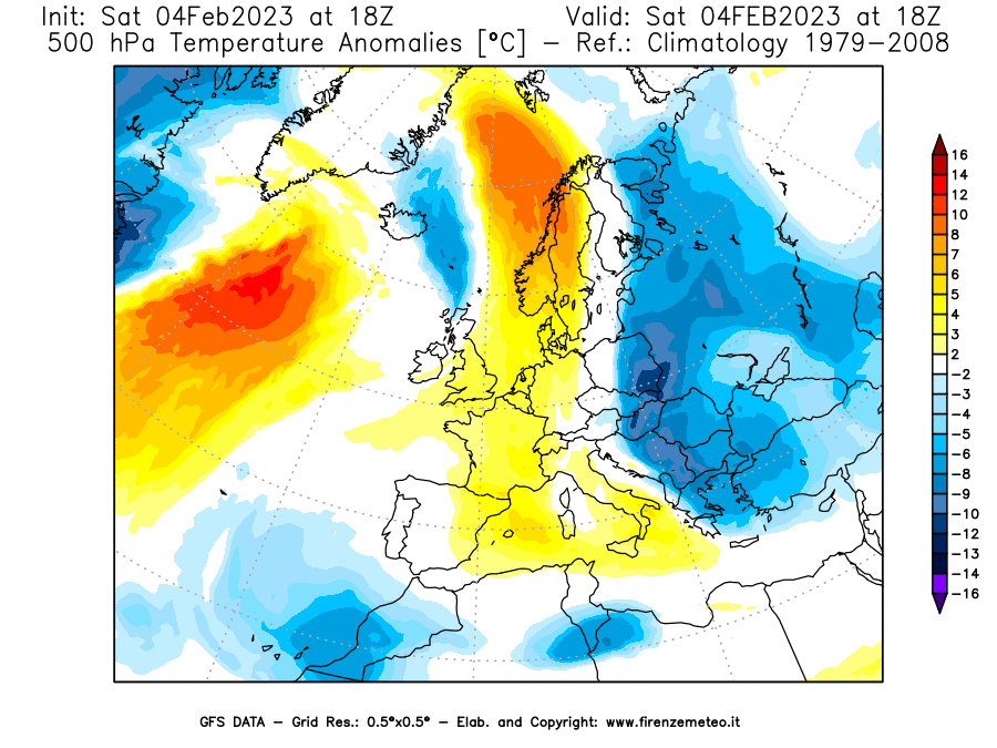 Mappa di analisi GFS - Anomalia Temperatura [°C] a 500 hPa in Europa
							del 04/02/2023 18 <!--googleoff: index-->UTC<!--googleon: index-->