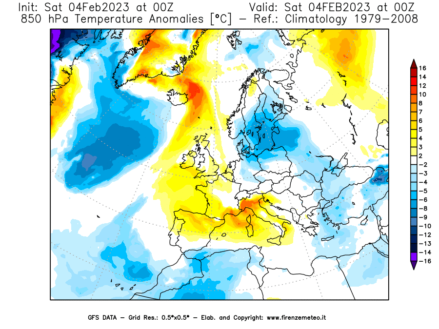 Mappa di analisi GFS - Anomalia Temperatura [°C] a 850 hPa in Europa
							del 04/02/2023 00 <!--googleoff: index-->UTC<!--googleon: index-->