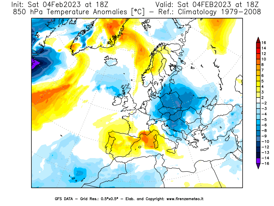 Mappa di analisi GFS - Anomalia Temperatura [°C] a 850 hPa in Europa
							del 04/02/2023 18 <!--googleoff: index-->UTC<!--googleon: index-->