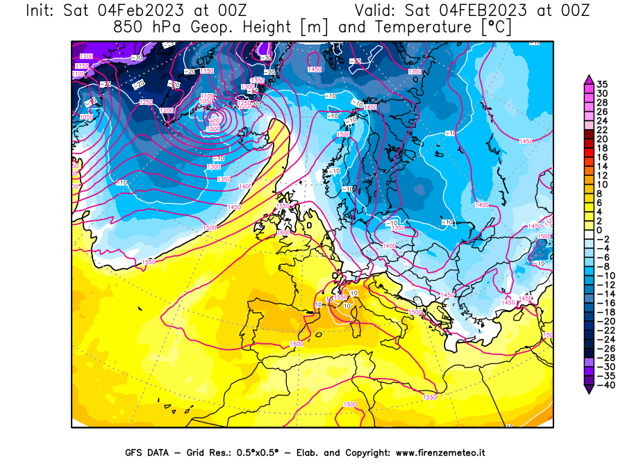 Mappa di analisi GFS - Geopotenziale [m] e Temperatura [°C] a 850 hPa in Europa
							del 04/02/2023 00 <!--googleoff: index-->UTC<!--googleon: index-->