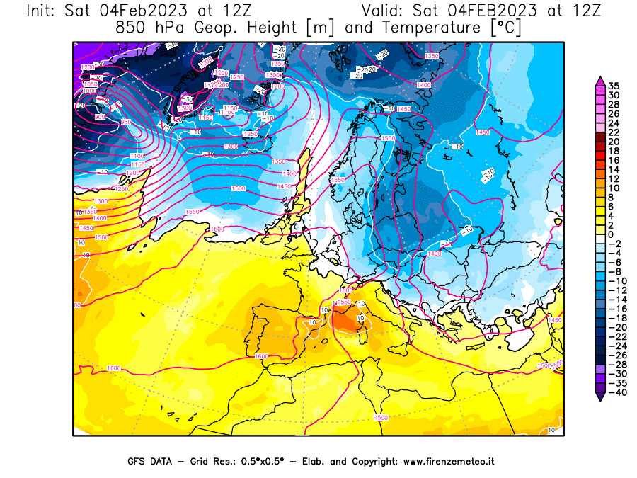 Mappa di analisi GFS - Geopotenziale [m] e Temperatura [°C] a 850 hPa in Europa
							del 04/02/2023 12 <!--googleoff: index-->UTC<!--googleon: index-->