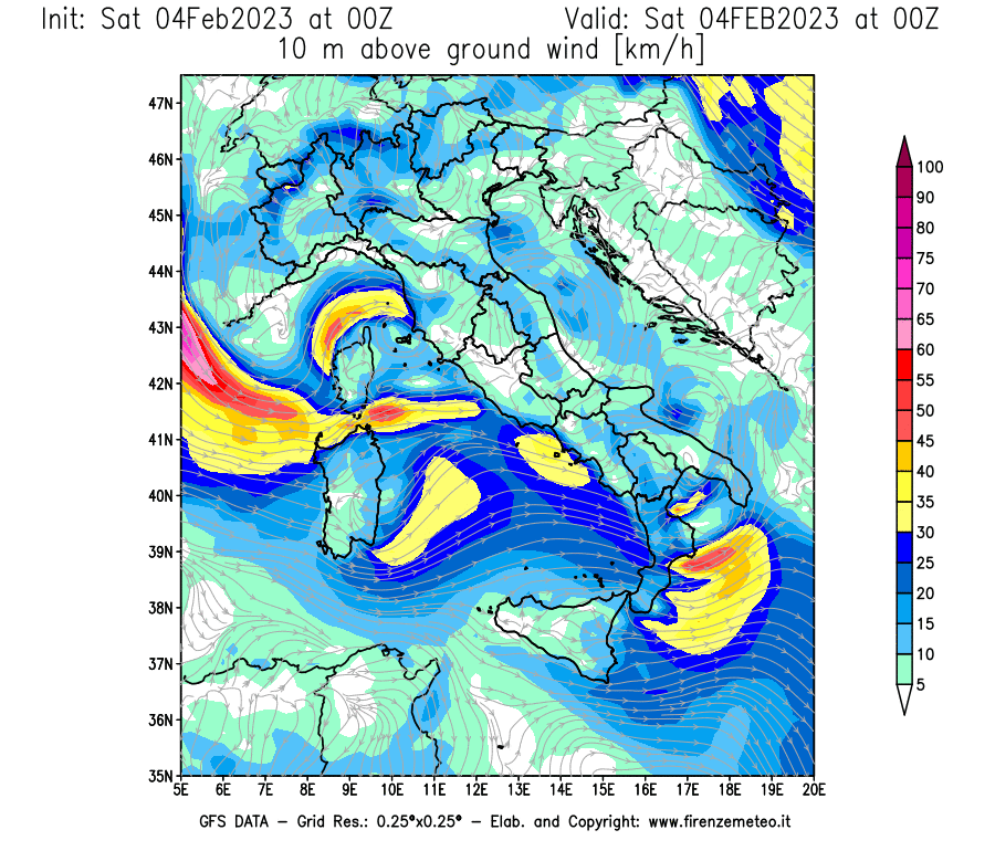 Mappa di analisi GFS - Velocità del vento a 10 metri dal suolo [km/h] in Italia
							del 04/02/2023 00 <!--googleoff: index-->UTC<!--googleon: index-->