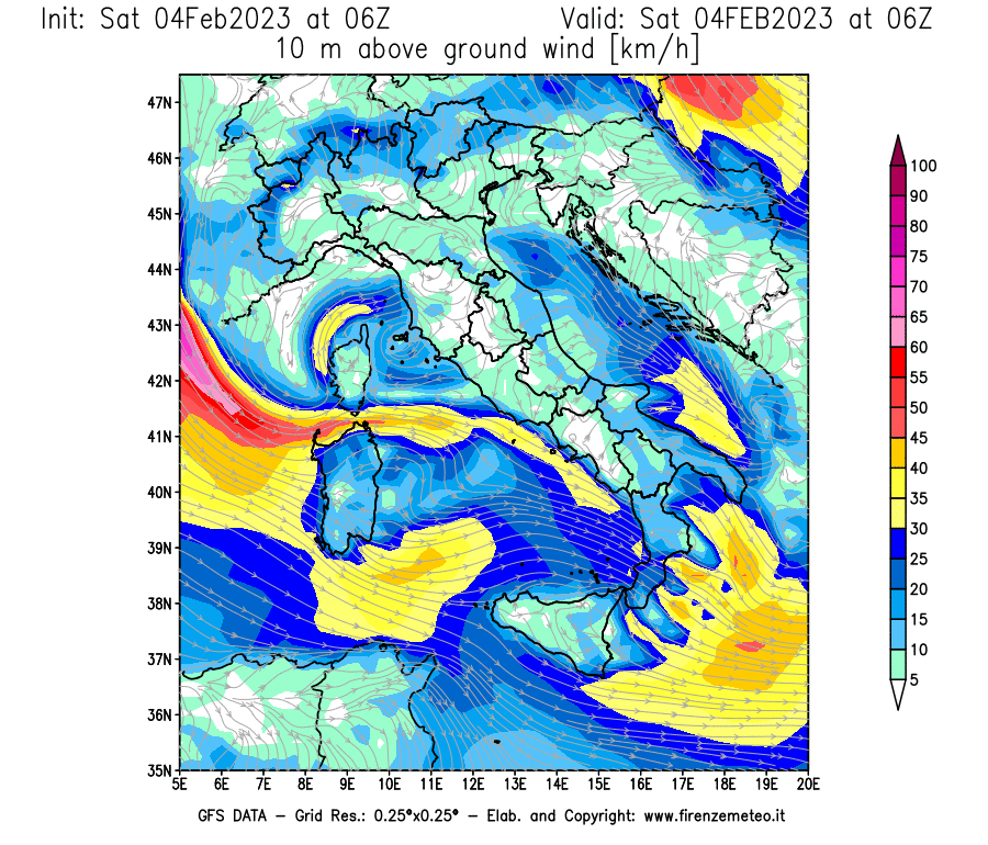Mappa di analisi GFS - Velocità del vento a 10 metri dal suolo [km/h] in Italia
							del 04/02/2023 06 <!--googleoff: index-->UTC<!--googleon: index-->