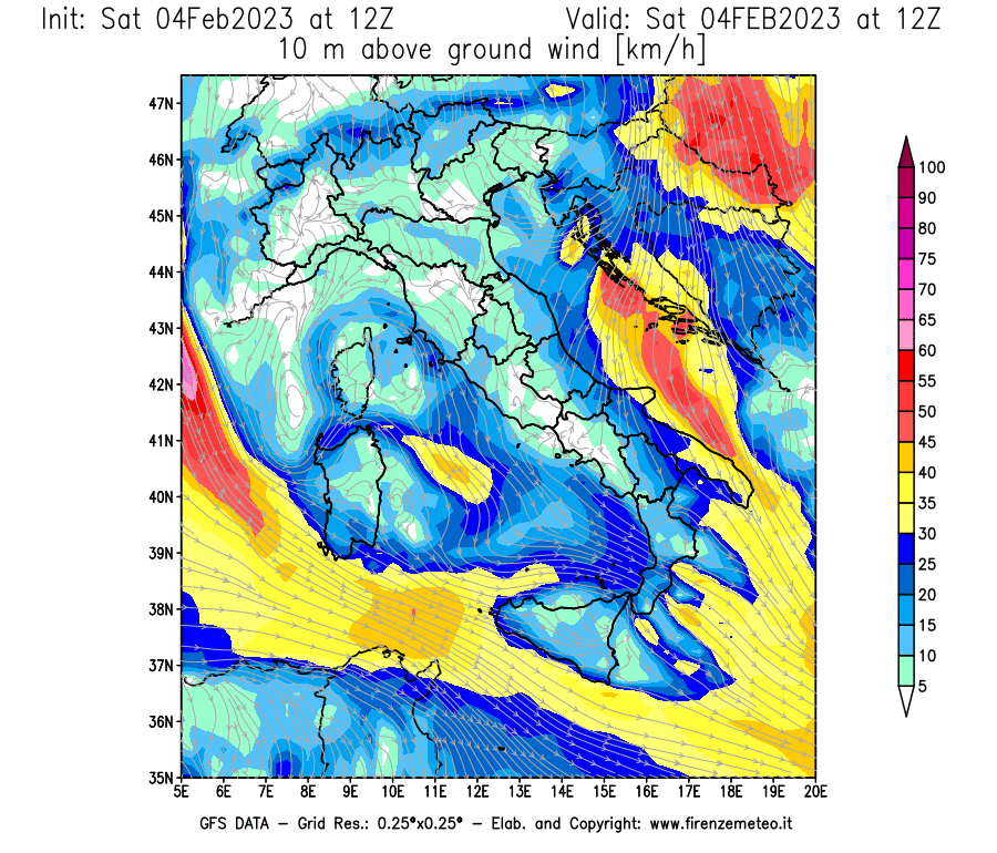 Mappa di analisi GFS - Velocità del vento a 10 metri dal suolo [km/h] in Italia
							del 04/02/2023 12 <!--googleoff: index-->UTC<!--googleon: index-->