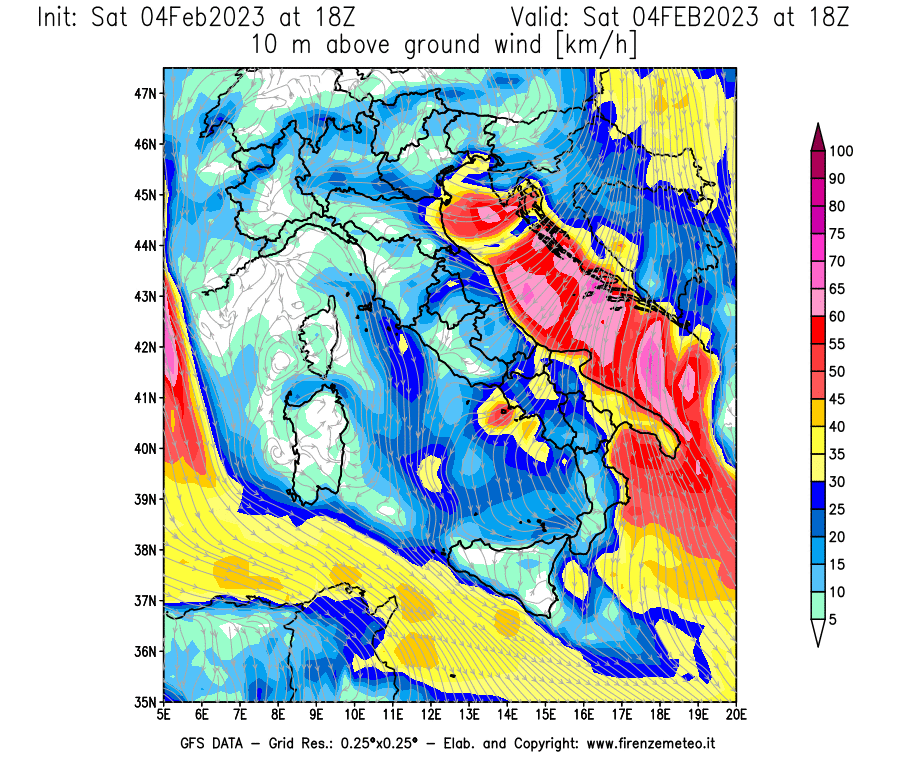 Mappa di analisi GFS - Velocità del vento a 10 metri dal suolo [km/h] in Italia
							del 04/02/2023 18 <!--googleoff: index-->UTC<!--googleon: index-->