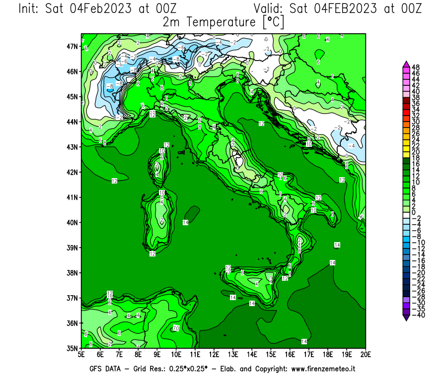 Mappa di analisi GFS - Temperatura a 2 metri dal suolo [°C] in Italia
							del 04/02/2023 00 <!--googleoff: index-->UTC<!--googleon: index-->