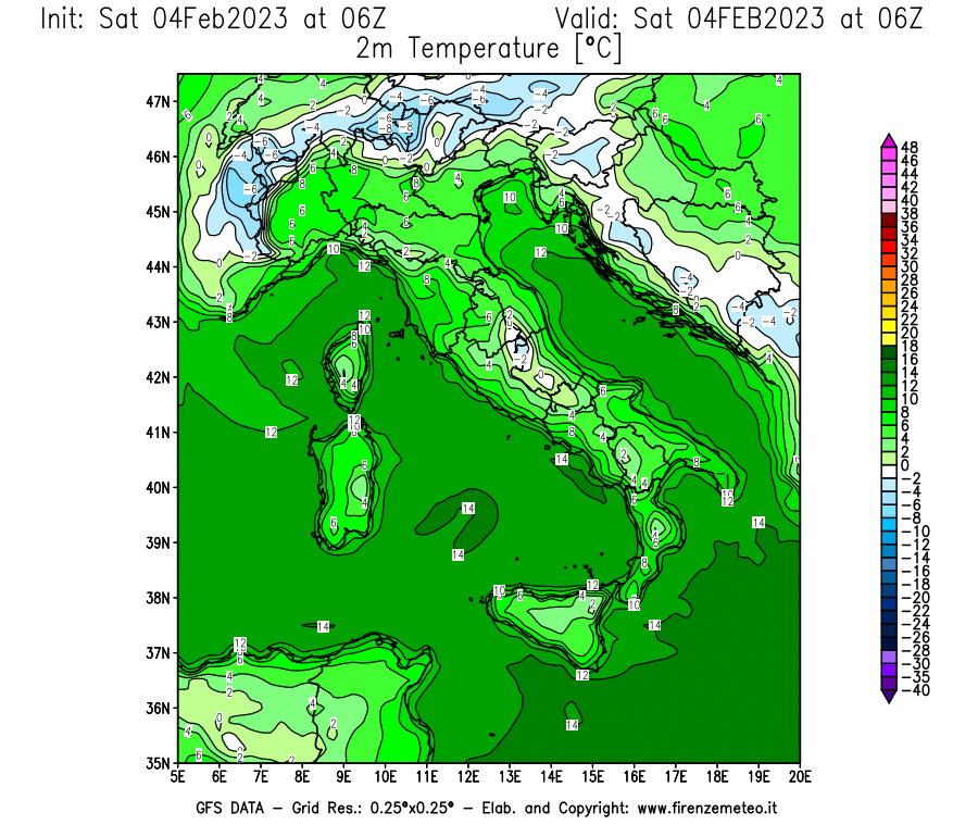 Mappa di analisi GFS - Temperatura a 2 metri dal suolo [°C] in Italia
							del 04/02/2023 06 <!--googleoff: index-->UTC<!--googleon: index-->
