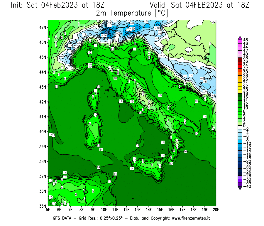 Mappa di analisi GFS - Temperatura a 2 metri dal suolo [°C] in Italia
							del 04/02/2023 18 <!--googleoff: index-->UTC<!--googleon: index-->